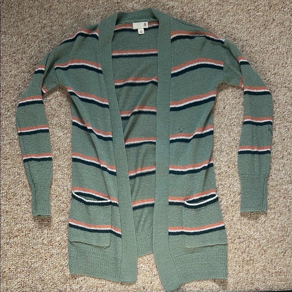 SO Green and Black Striped Cardigan Sweater
